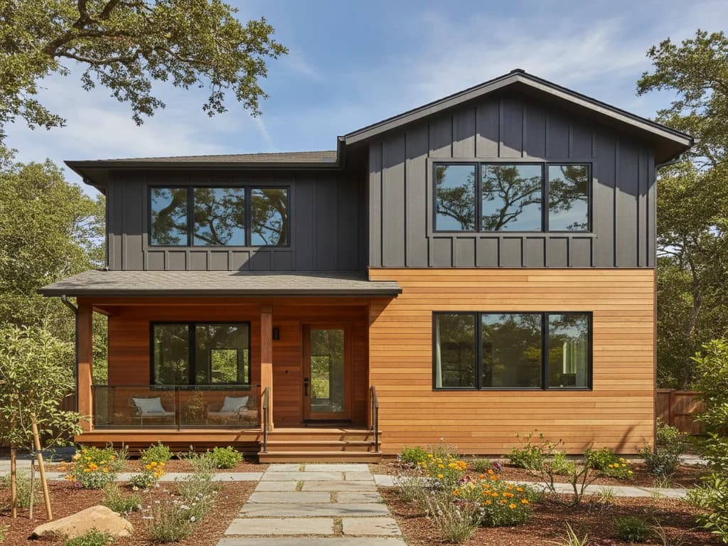 Three siding materials — fiber cement, engineered wood, and vinyl — shown side by side on a Northern California home