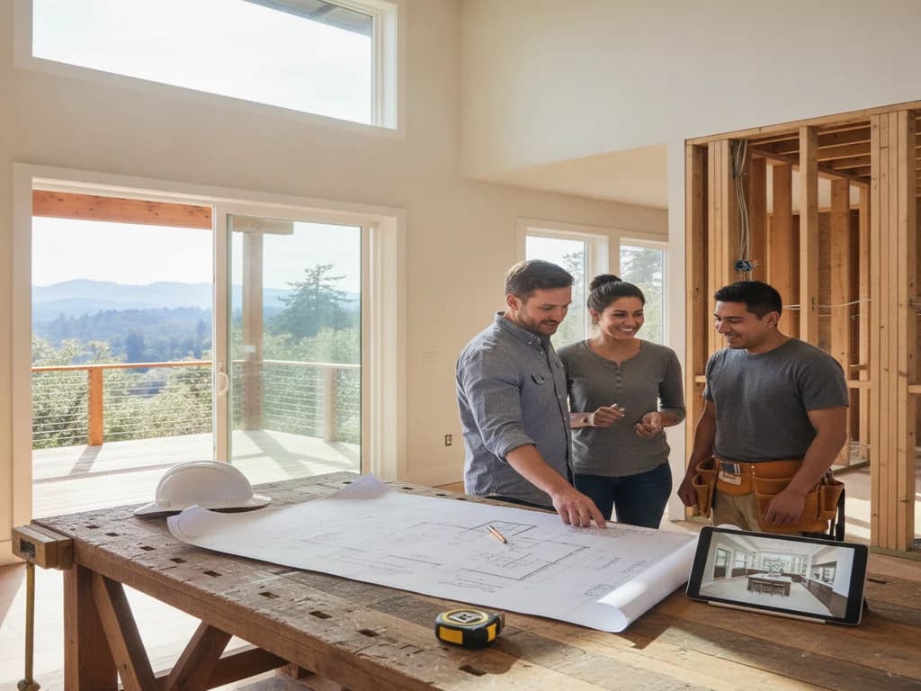 A California building-department counter where a homeowner reviews remodeling permit plans