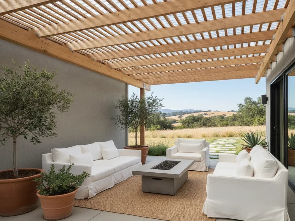 A covered patio with a pergola and ceiling fan in a Sacramento backyard
