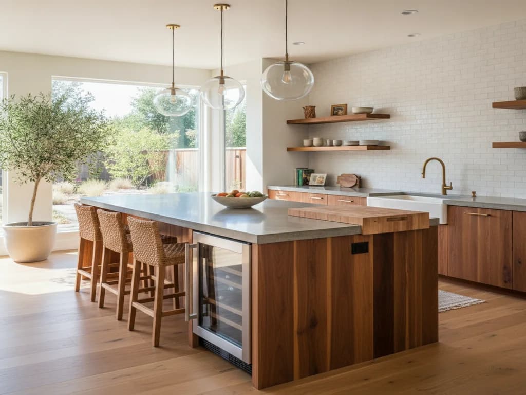 A large kitchen island with seating in an open-concept Elk Grove home