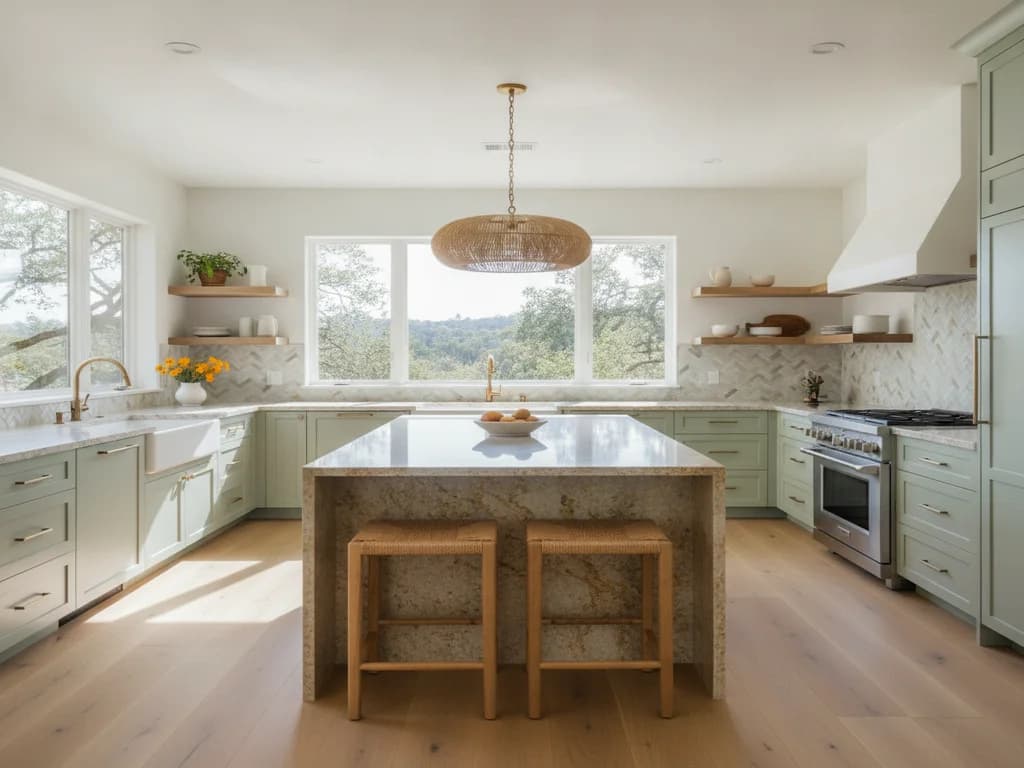 A modern remodeled kitchen with a large island in a Sacramento home