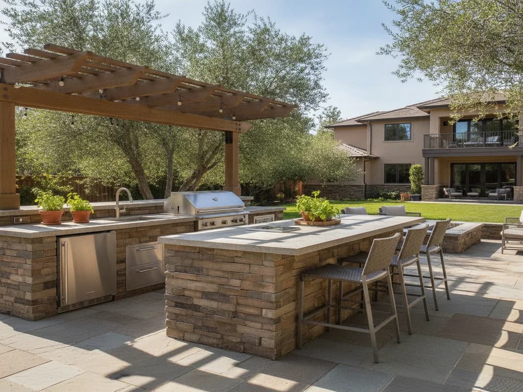 A built-in outdoor kitchen with a grill and bar seating in a Rocklin backyard