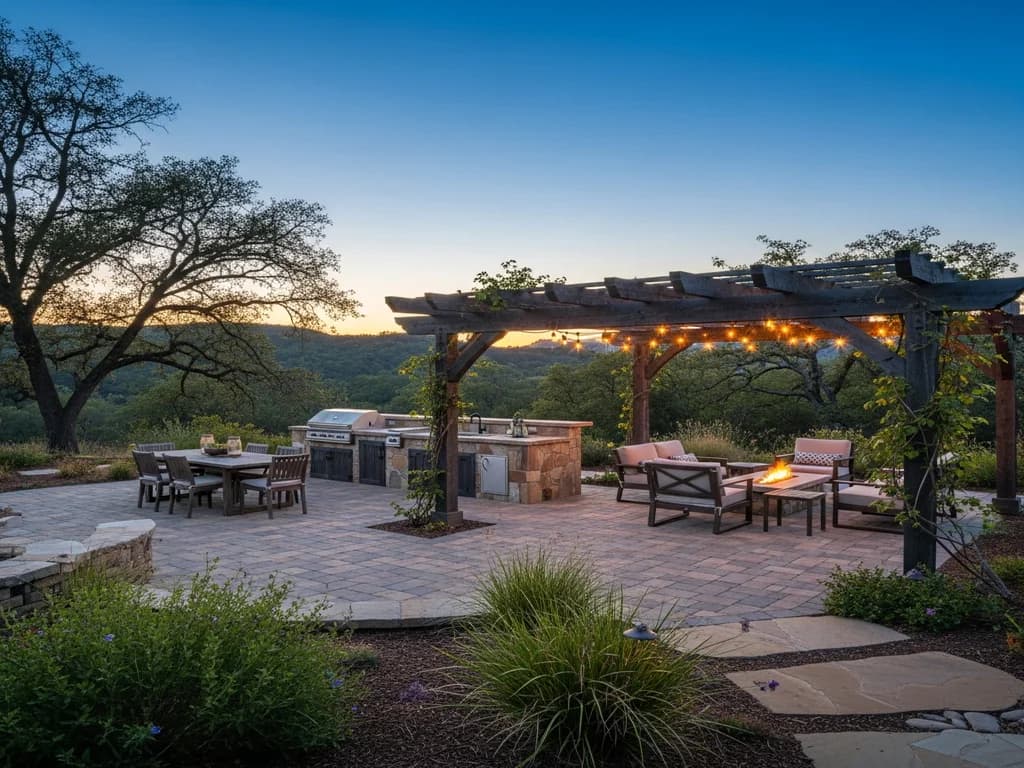 A covered outdoor living space with a kitchen in a Granite Bay, California backyard