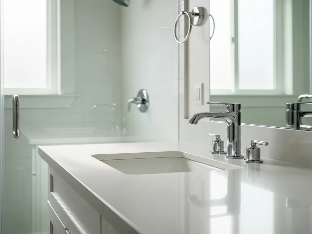 A remodeled Sacramento-area bathroom with brushed fixtures and treated glass chosen to resist hard-water spotting
