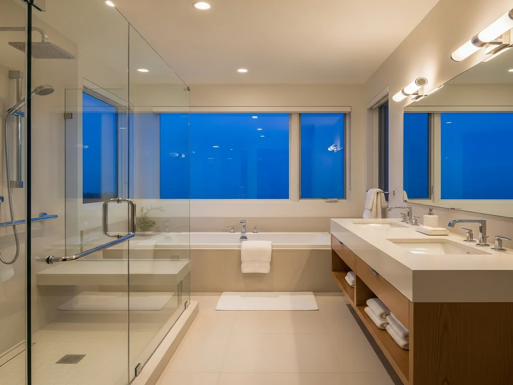 Renovated barrier-free bathroom with a curbless walk-in shower in a Northern California home