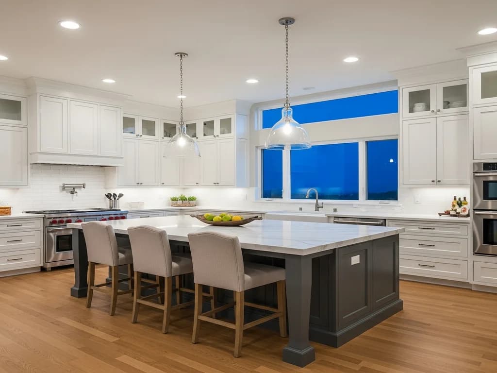 Renovated open-concept kitchen with island and new cabinetry in a Northern California home
