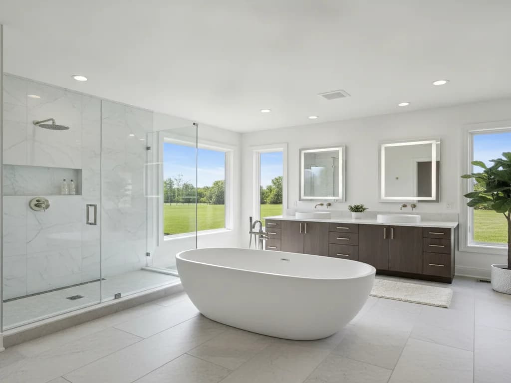 Layered lighting in a remodeled Sacramento bathroom with vanity sconces